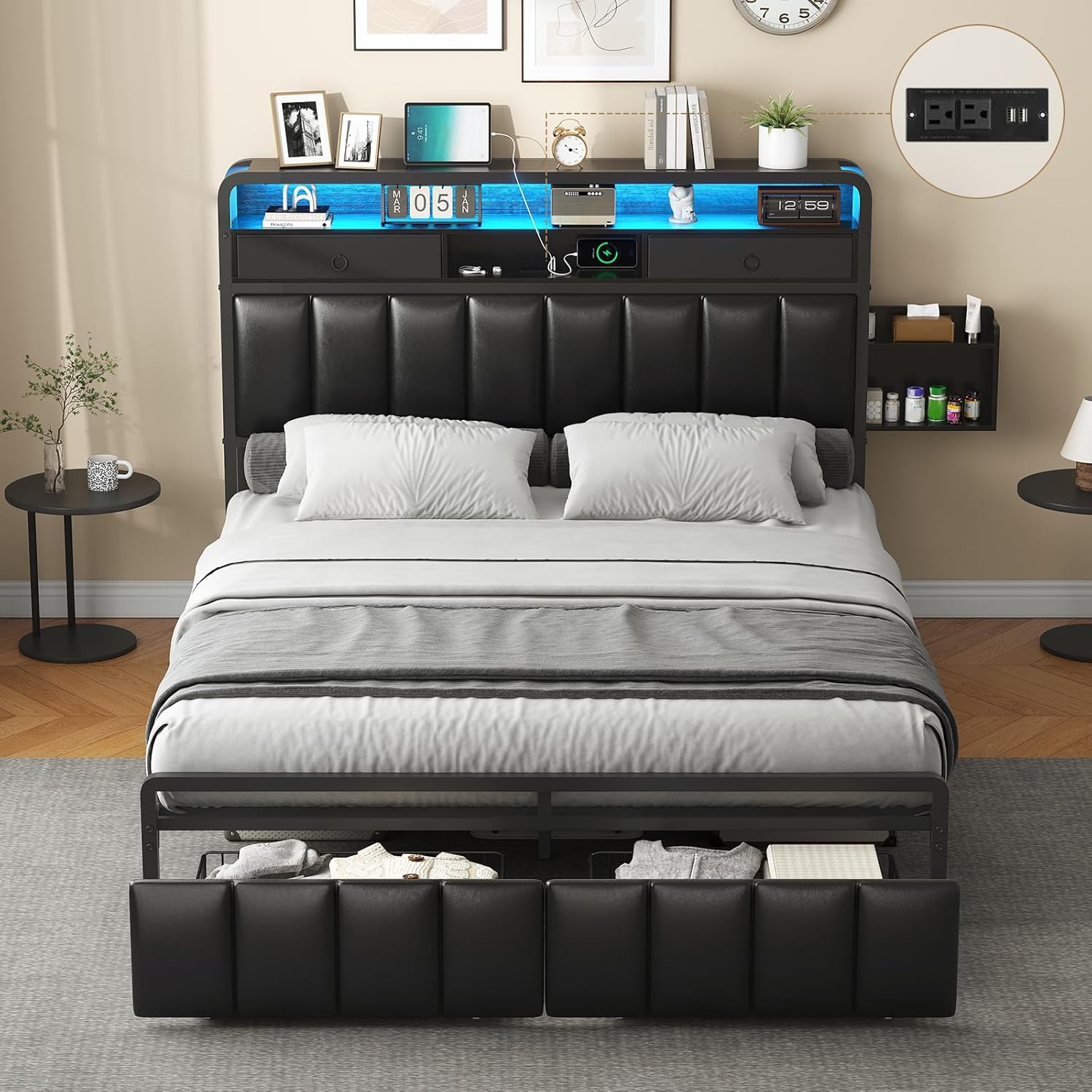 Hasuit Queen Bed Frame with Storage Drawers, Upholstered Headboard with Hidden Storage Shelf, LED Lights and Charging Station, Metal Platform Bed Frame Queen Size, Noise Free, No Box Spring Needed