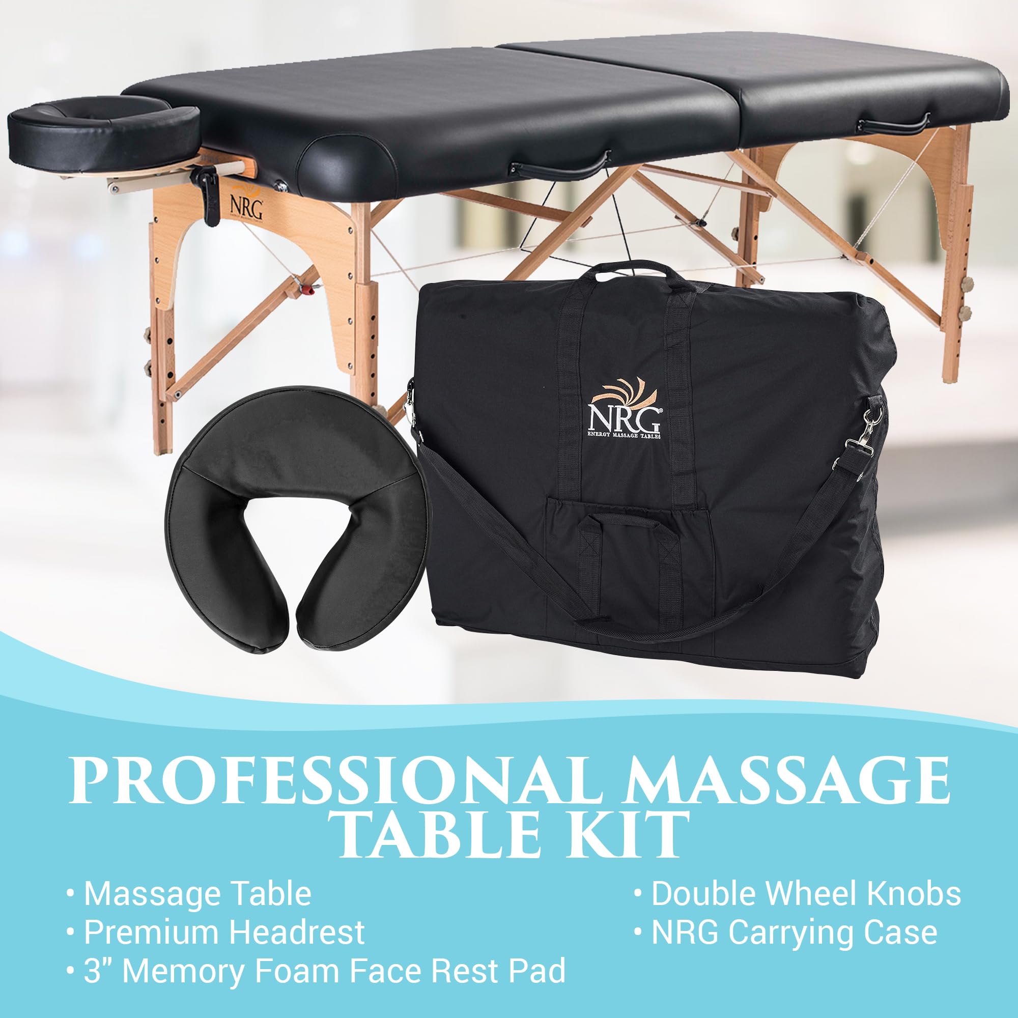NRG Karma Professsional Massage Table Package - Portable Massage Bed Portable Massage Table Reiki Table Spa Beds & Tables - Includes Face Cradle, Double Wheel Knobs & Carrying Case - Black
