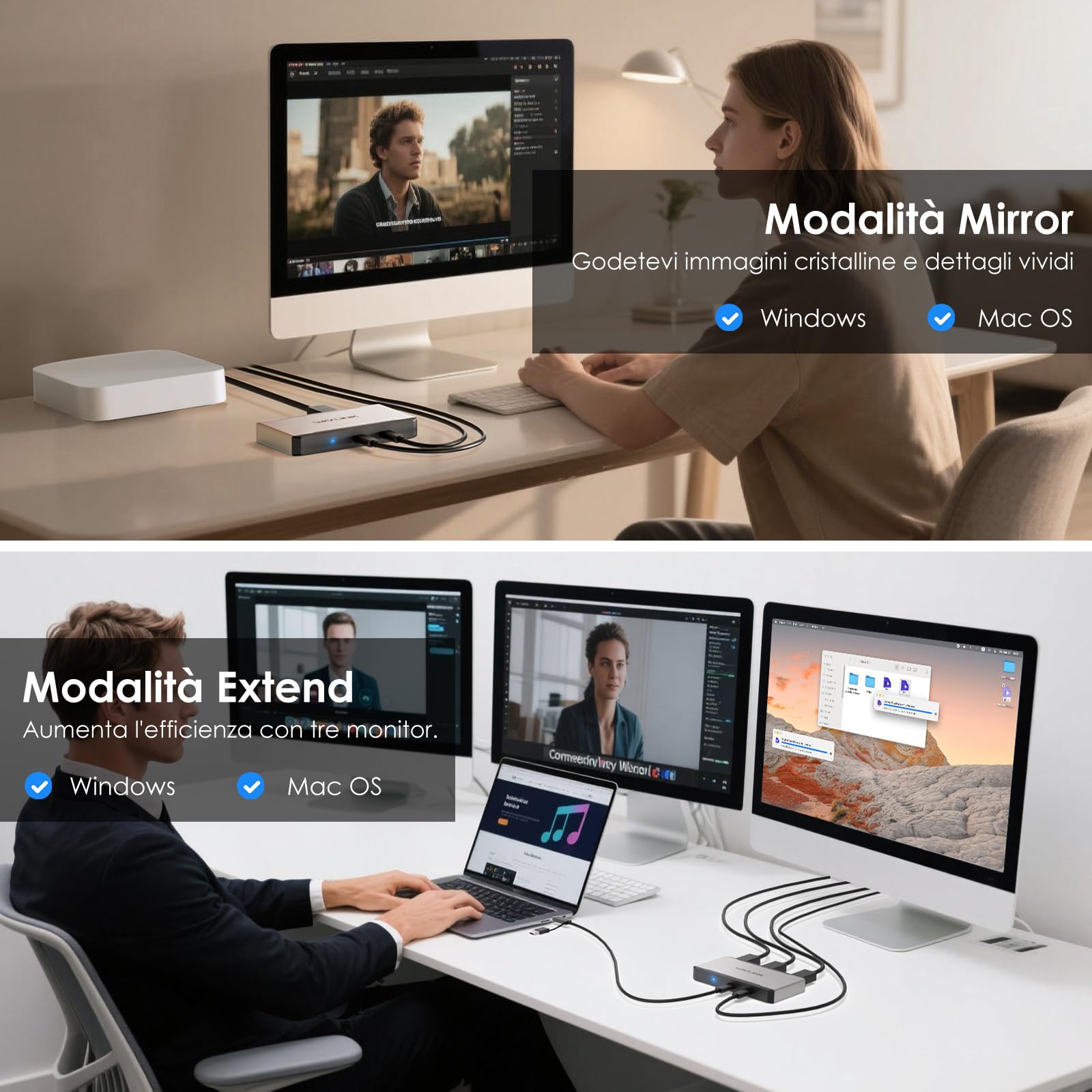 WAVLINK Docking station per 3 monitor per sistemi macOS M1/M2/M3/M4. Host Type-C/A, ingresso PD 100W, 3 HDMI + 2 DP disponibili, Triplo 4K@60Hz, Driver SMI e host USB3.2 Gen 2 richiesti