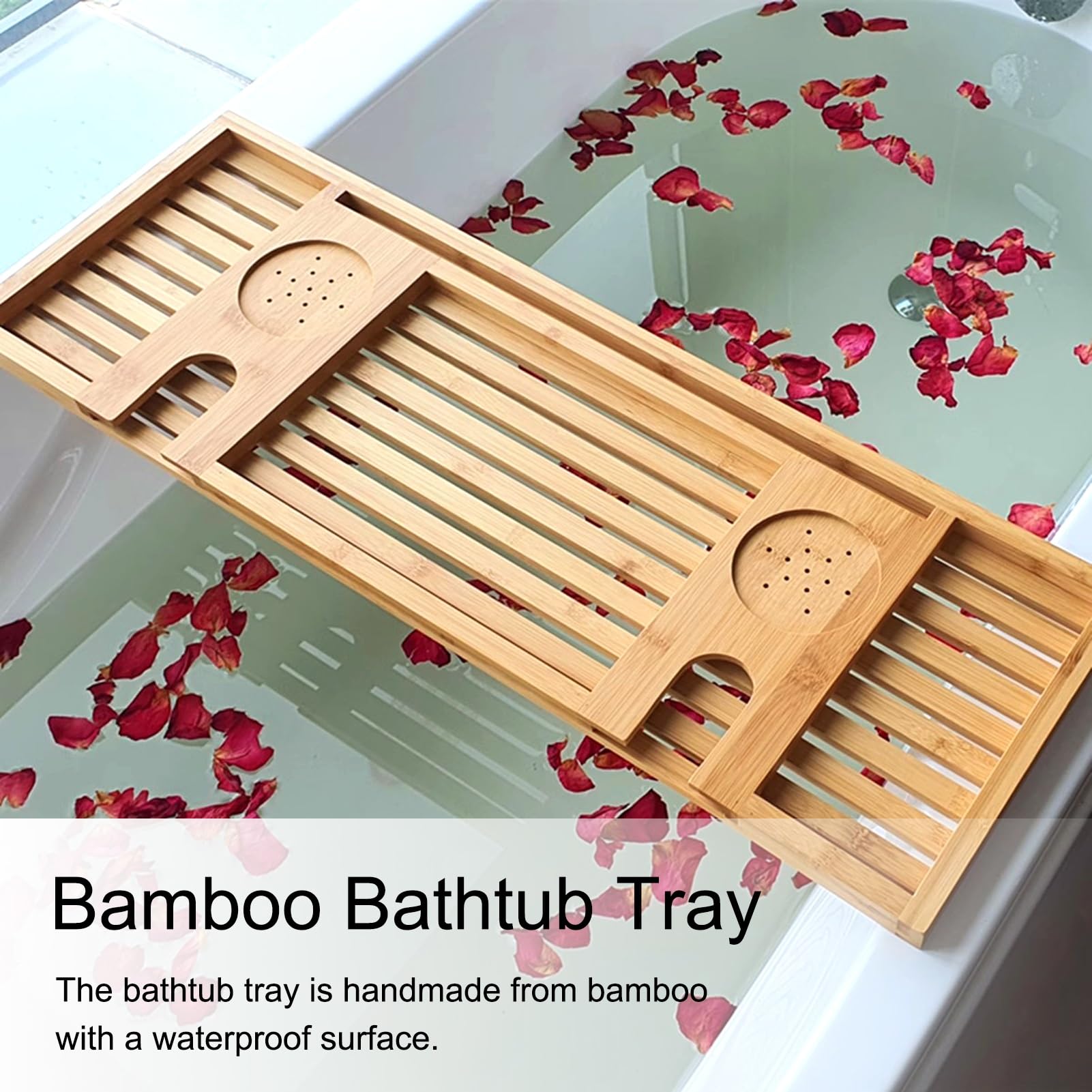Bandeja de bañoBandeja de baño de bambú para bañera, Bandeja de Mesa de baño de 73 cm con Soportes para Copas de Vino y teléfono, Tablero de Almacenamiento Integrado para bañera, Accesorios