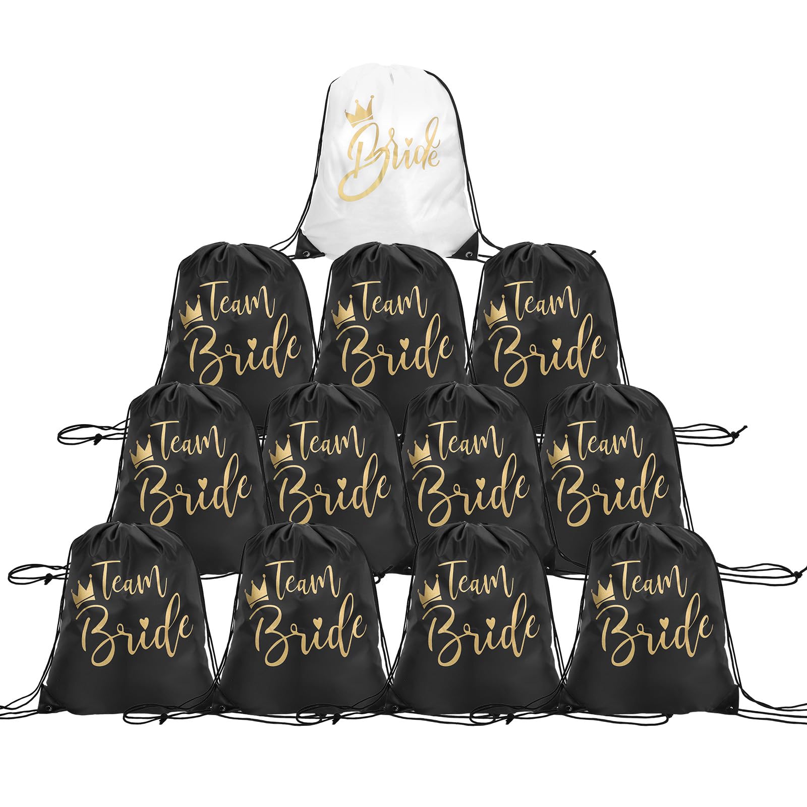 Set of 12 Bride Team Bride Drawstring Gym Bag, JGA Stag Night Sports Bag Set, Team Bride Bag with Drawstring, 1 White + 11 Black, Mittelgroße