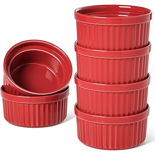 LE TAUCI 8 Oz Ramekins, Creme Brulee Dishes, Porcelain Ramekin Set for Souffle, Dipping Sauces, Pudding, Set of 6, True Red