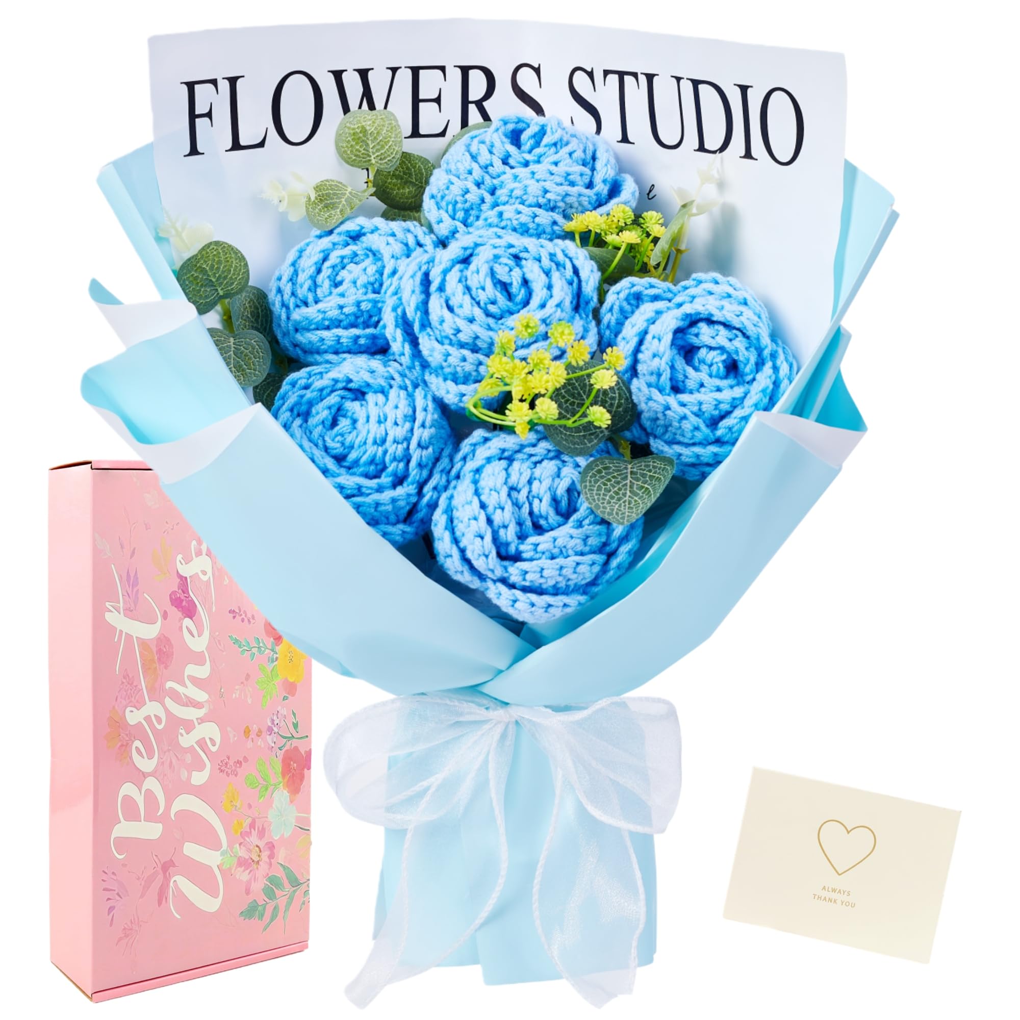 MAIBAOTA Blue Roses Crochet Flowers Forever Eternal Rose Bouquet Knitted Flower Handmade Gifts for Women Mum Wife Mothers Day Anniversary Birthday Wedding