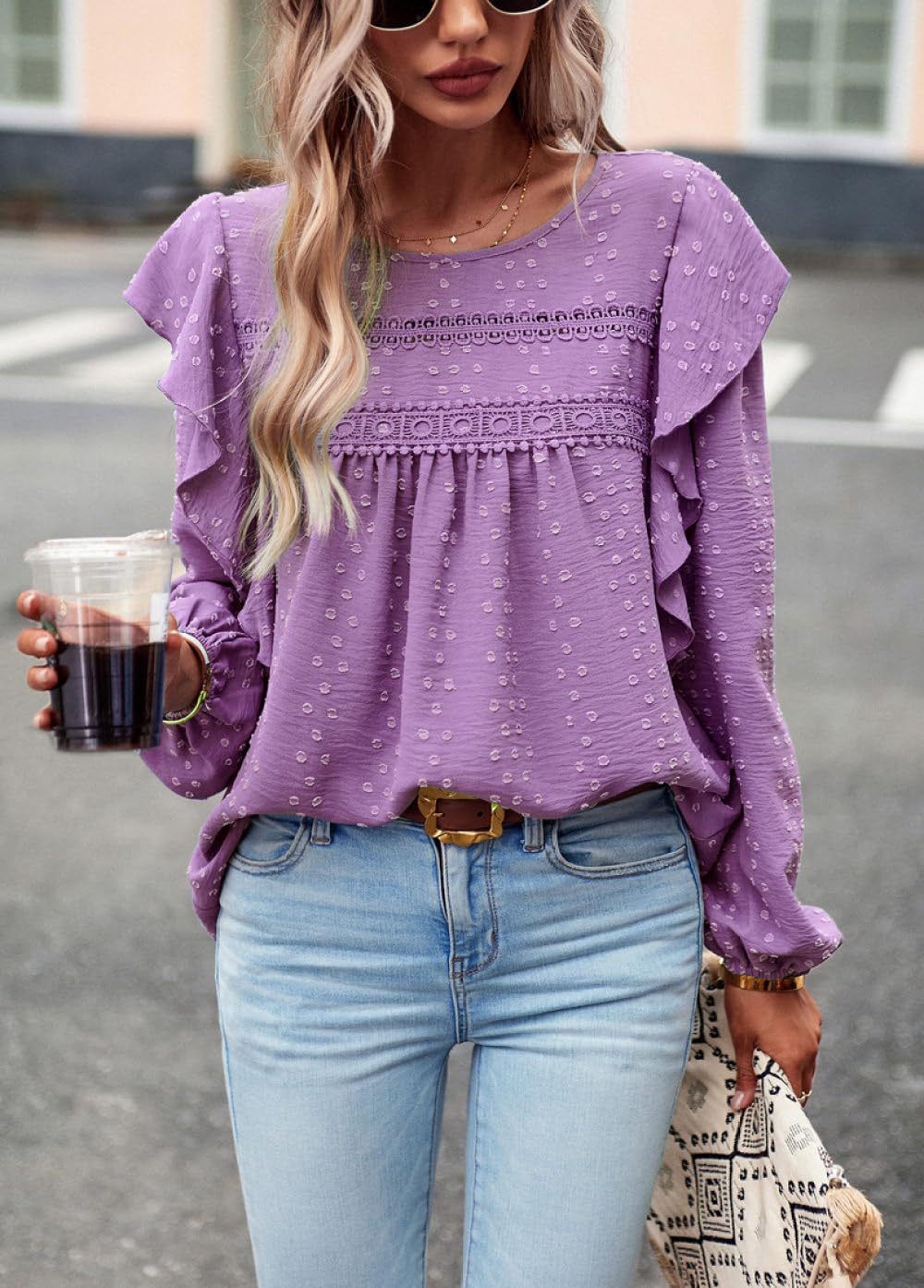 Chemisier Femme Chic Et Élégant,Chemisier Femme Chemises À Manches Longues Violet Solide Col Rond Bordure en Dentelle À Pois Volants Chemise Pull Plissée Élégante Chemise Décontractée Lâch