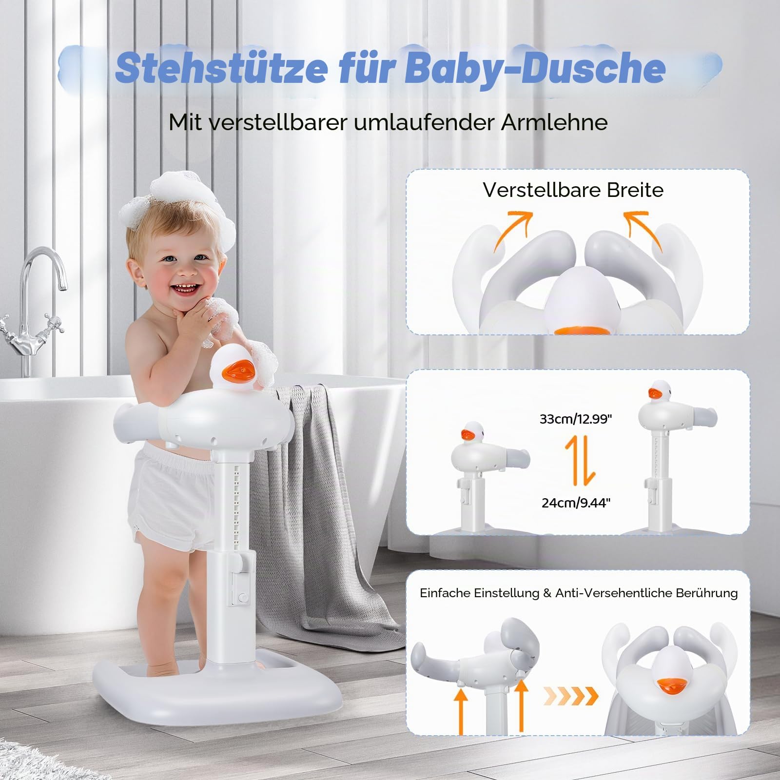 Baby Dusche Ständer mit Duschhalterung Klemmschutz, Einstellbarer (Ente) | Einfache Installation, mit Duschsitz & Antirutsch-Basis, für 6–36 Monate, Ideal als Babyduschständer und Babygeschenk