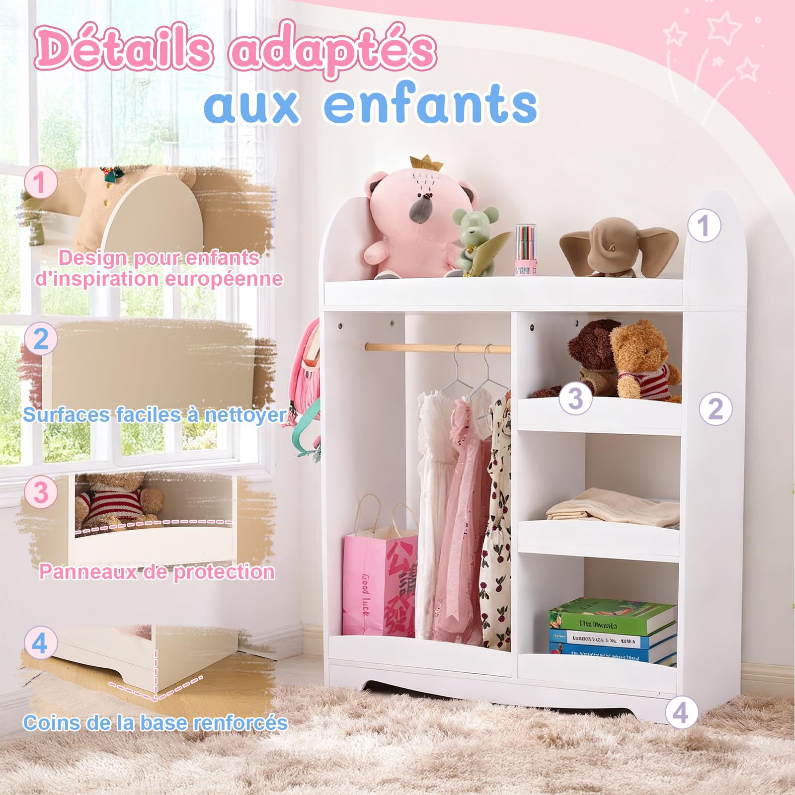 LALAHO Armoire Enfant avec Portant Vêtements Garde-Robe，Dressing penderie Enfant avec 4 Étagères et 3 Crochets（Blanc）