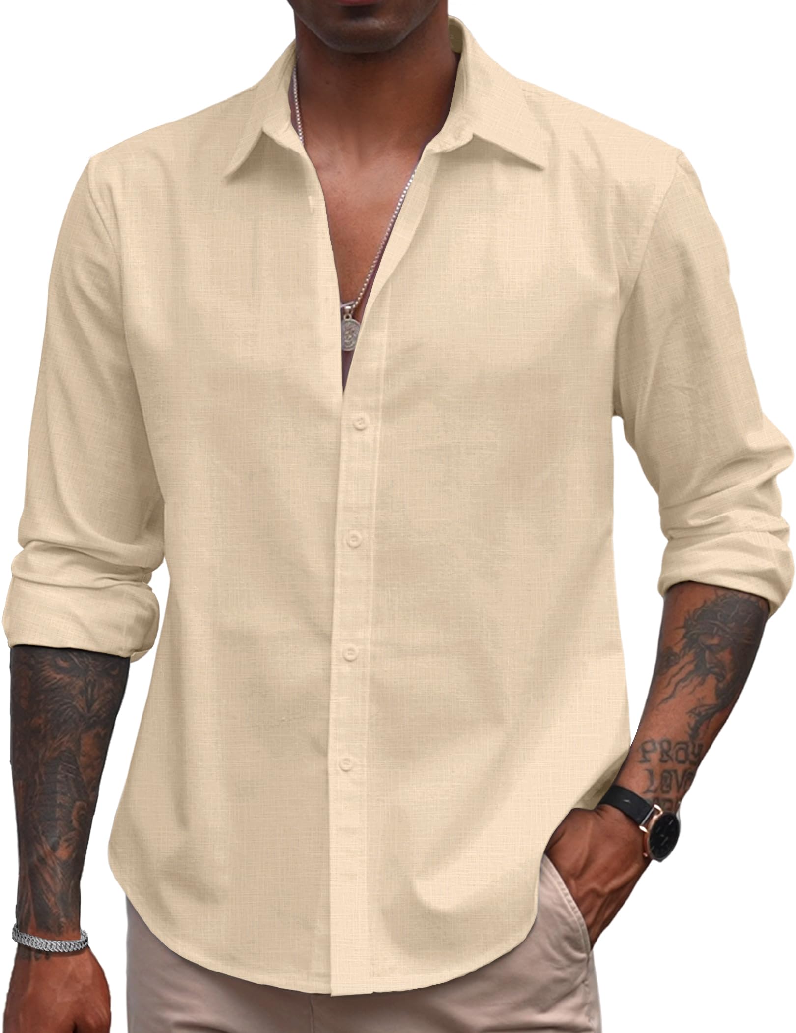 COOFANDYMen's Linen Casual Long Sleeve Shirts Button Down Summer Beach Shirt