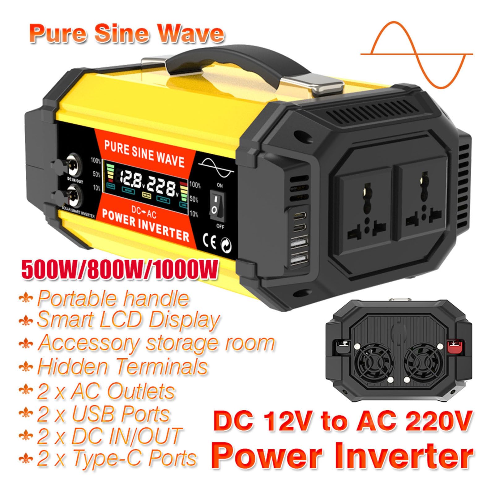 Ejoyous Convertitore a Onda Sinusoidale Pura da 500 W, Inverter a Onda Sinusoidale per Auto in ABS da 12 V a 220 V con Display LCD, Doppio Picco USB da 1000 W per Uso Solare Esterno per la Casa