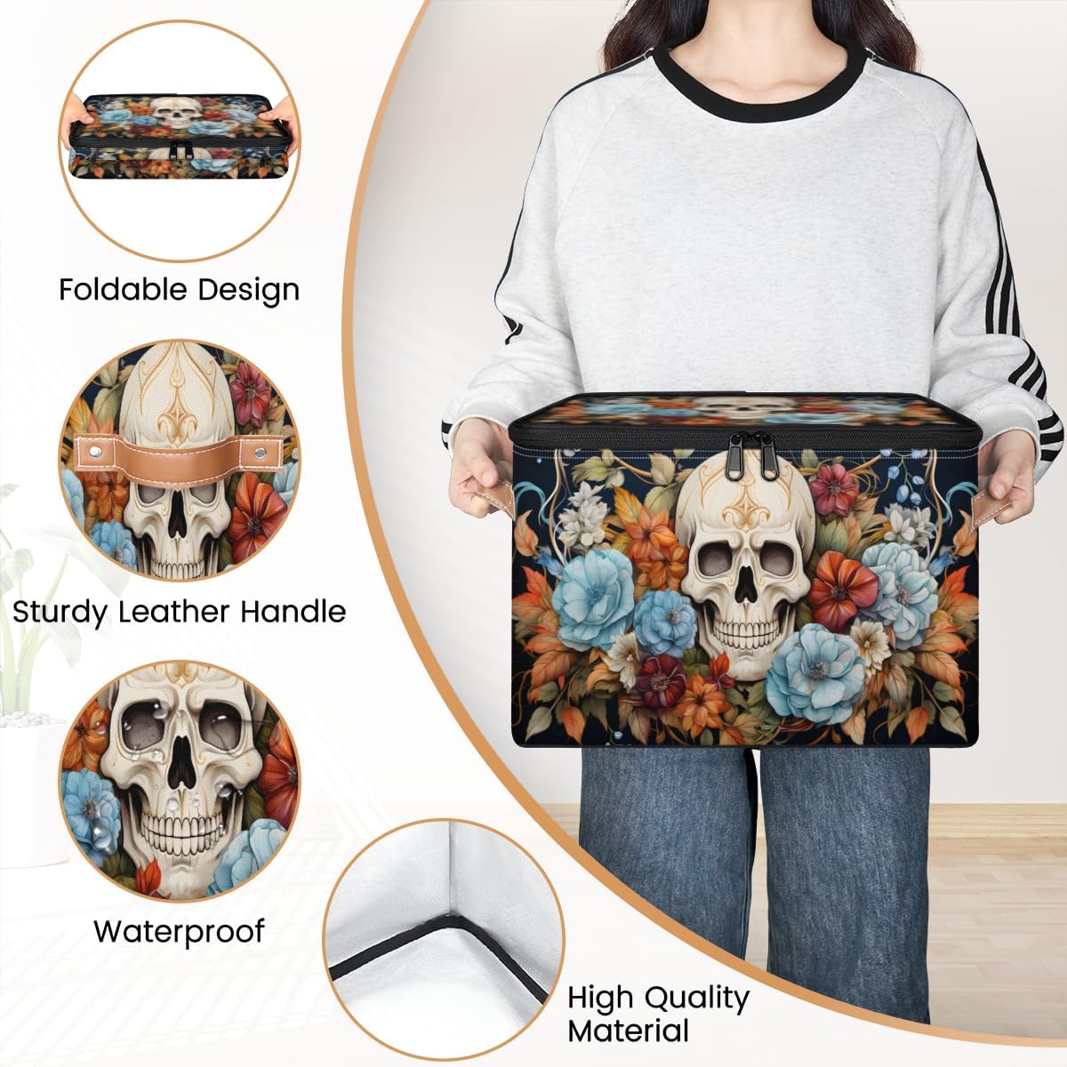 Storage Bin Set of 2 Sugar Skull Flower Storage Basket with Zipper Lid & Handle Foldable Closet Shelf 2 Pack Cloth Organizer Basket Cube Bins Clothes Organizer for Bedroom, Nursery