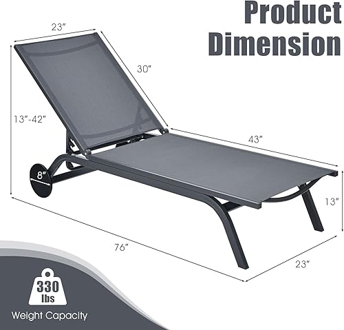 Miniatura 3 de Tangkula Tumbona de aluminio para exteriores, silla reclinable para patio con 6 respaldos ajustables, tumbona reclinable con ruedas para playa,