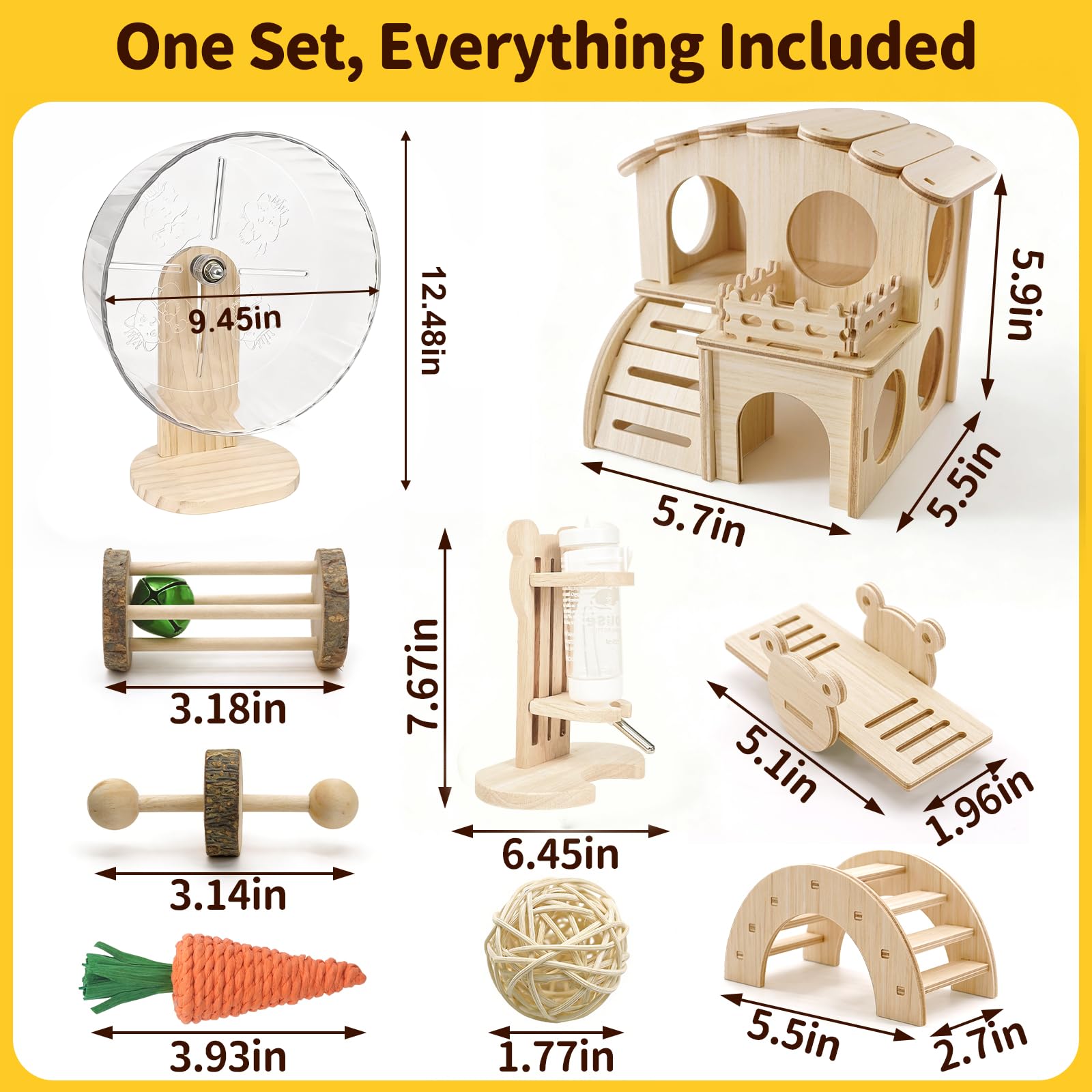 Juego de accesorios para jaula de hámster, rueda de ejercicio silenciosa, escondite de madera laberinto, botella de agua con soporte, juguetes masticables y plataforma interactiva para hámsters