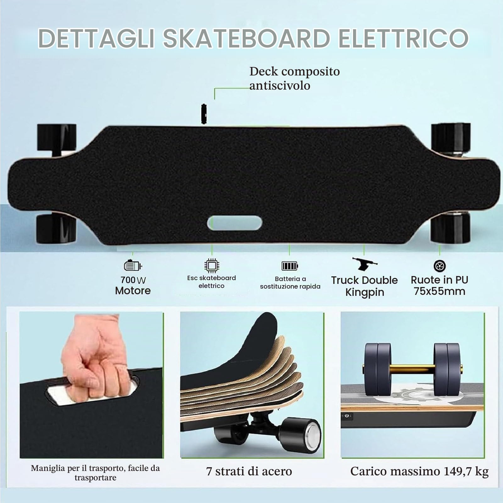 Skateboard Elettrici - Motore Brushless Da 700 W, Tavola In Acero A 7 Strati, Carico Massimo Di 330 Libbre, Cruiser Board Motorizzato, Autonomia Di 15-30 Km (Opzionale)