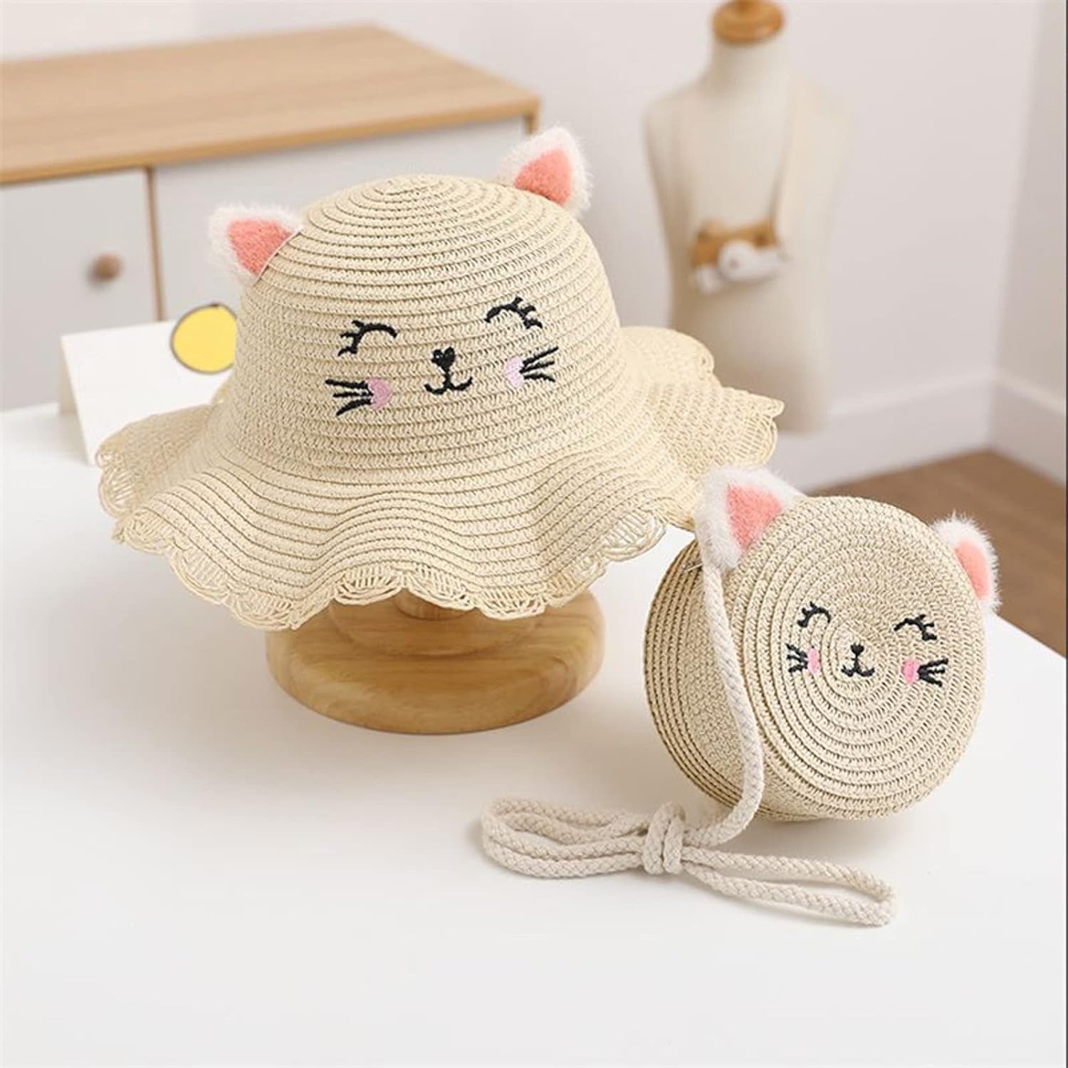 Girls Straw Sun Hat Purse Set Cute Graphic Ruffle Trim Sun Protection Hats Summer Lightweight Adjustable Wide Brim