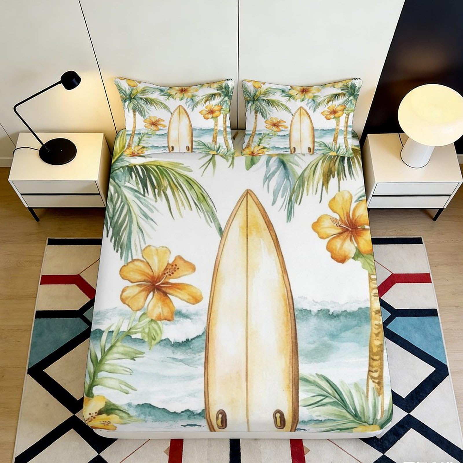 Pnayamiorkfel Style-3 3D Printed Tropical Surfboard Fitted Sheet Microfiber Yellow Hibiscus Bed Cover For Bedroom Guestroom Decor 90X200x25cm