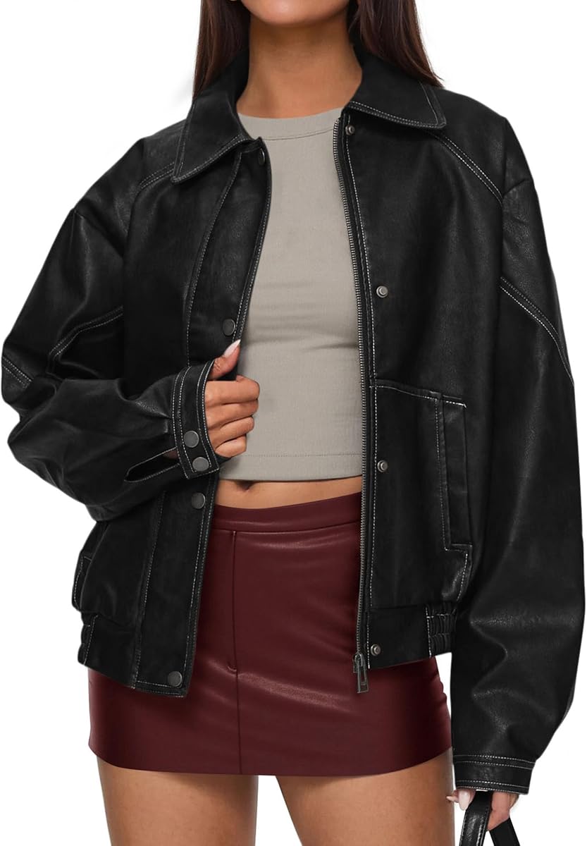 Chaqueta de cuero PRETTYGARDEN Abrigo extragrande de imitación para mujer | Chaquetas de otoño Bomber de motocicleta de moda, trajes de moda, viajes, ropa de invierno, ropa exterior con cremallera