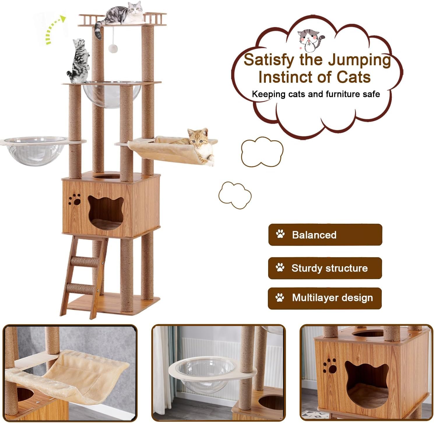 Árbol para Gatos de 155 cm, con 1 Hamaca, casa, 2 cápsulas espaciales Transparentes, 1 Bola Colgante, 1 Plataforma de Salto, árbol para Gatos de Interior (Color del Tronco)
