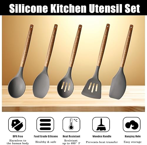 Miniatura 3 de Miusco Juego de utensilios de cocina de silicona antiadherente con mango de madera dura de acacia natural 5 piezas gris sin BPA utensilios para