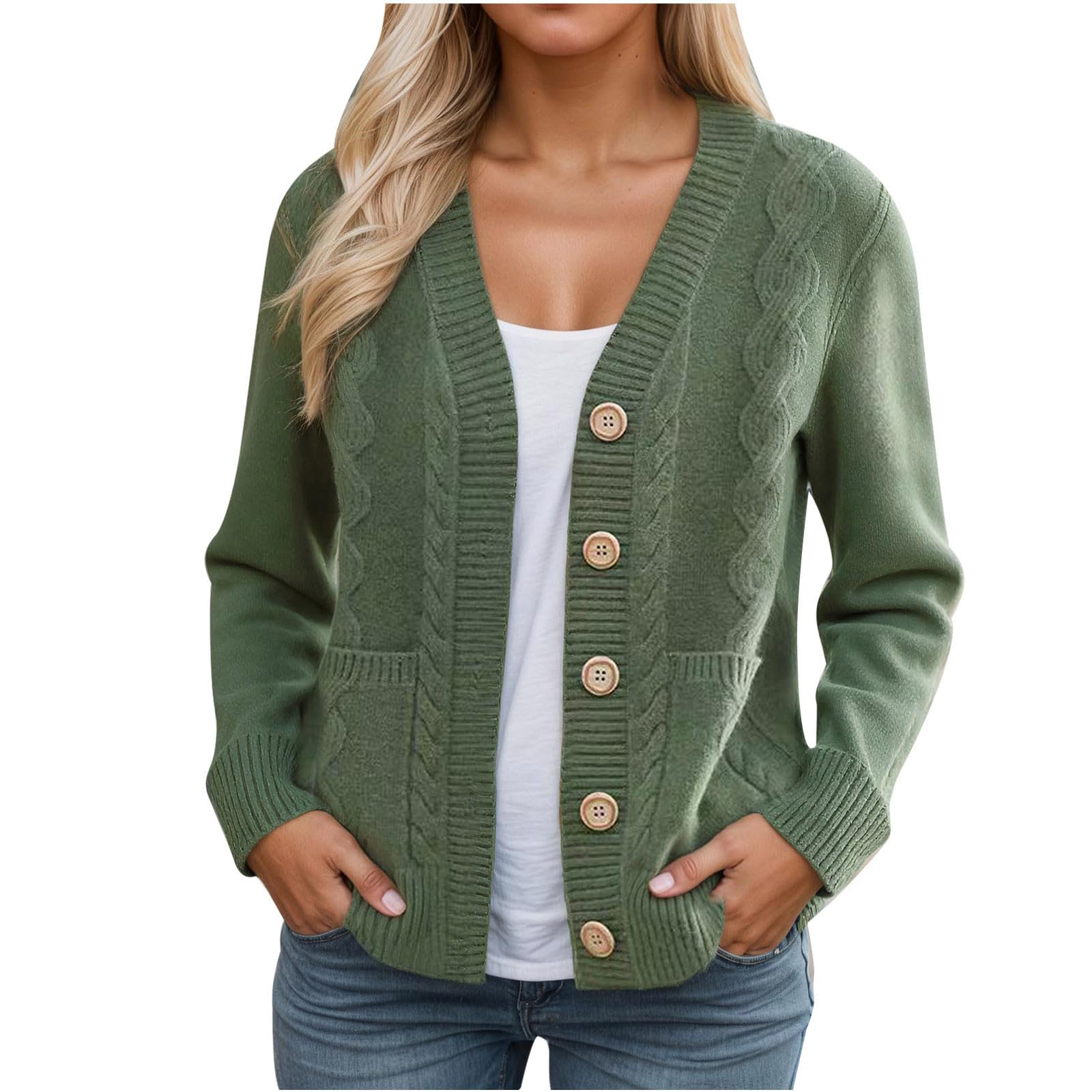 Womens Cardigan Sweaters Trendy Long Sleeve Button Up V Neck Knit Tops Cute Open Front Winter Coat with