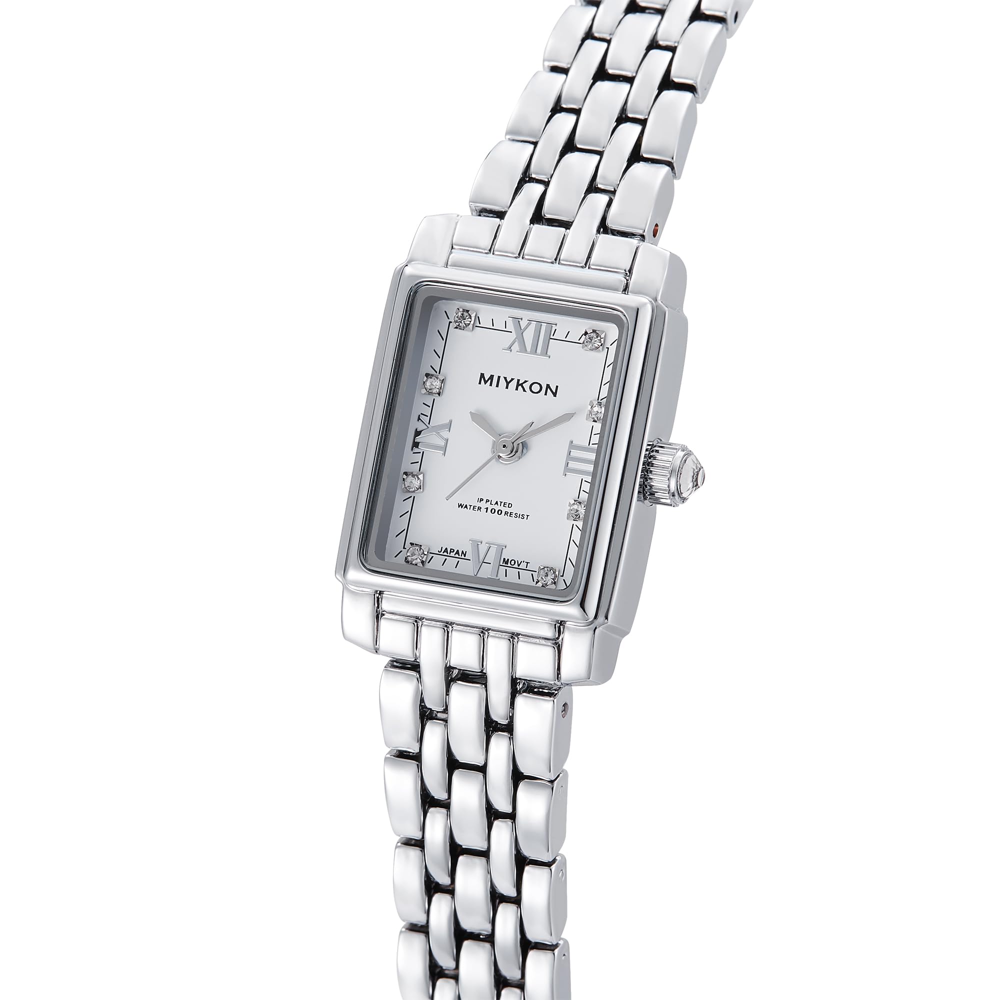 Miykon Silber- und Gold-Uhren für Damen, kleine, quadratische, zierliche Damenuhr mit echten Kristallen, ionenpoliertes Damen-Schmuckarmband, kratzfestes Glas, japanisches Quarz, 30,5 m wasserdicht,