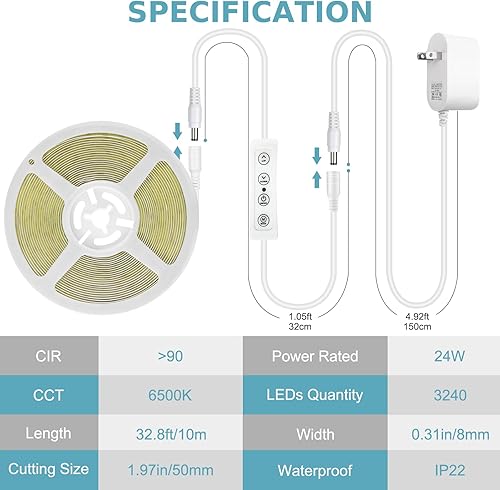 Miniatura 7 de COB - Tira de luz LED, 32.8 pies, regulable, 6500 K, luz diurna súper brillante, luz blanca de 24 V, cinta LED flexible con control remoto, para el