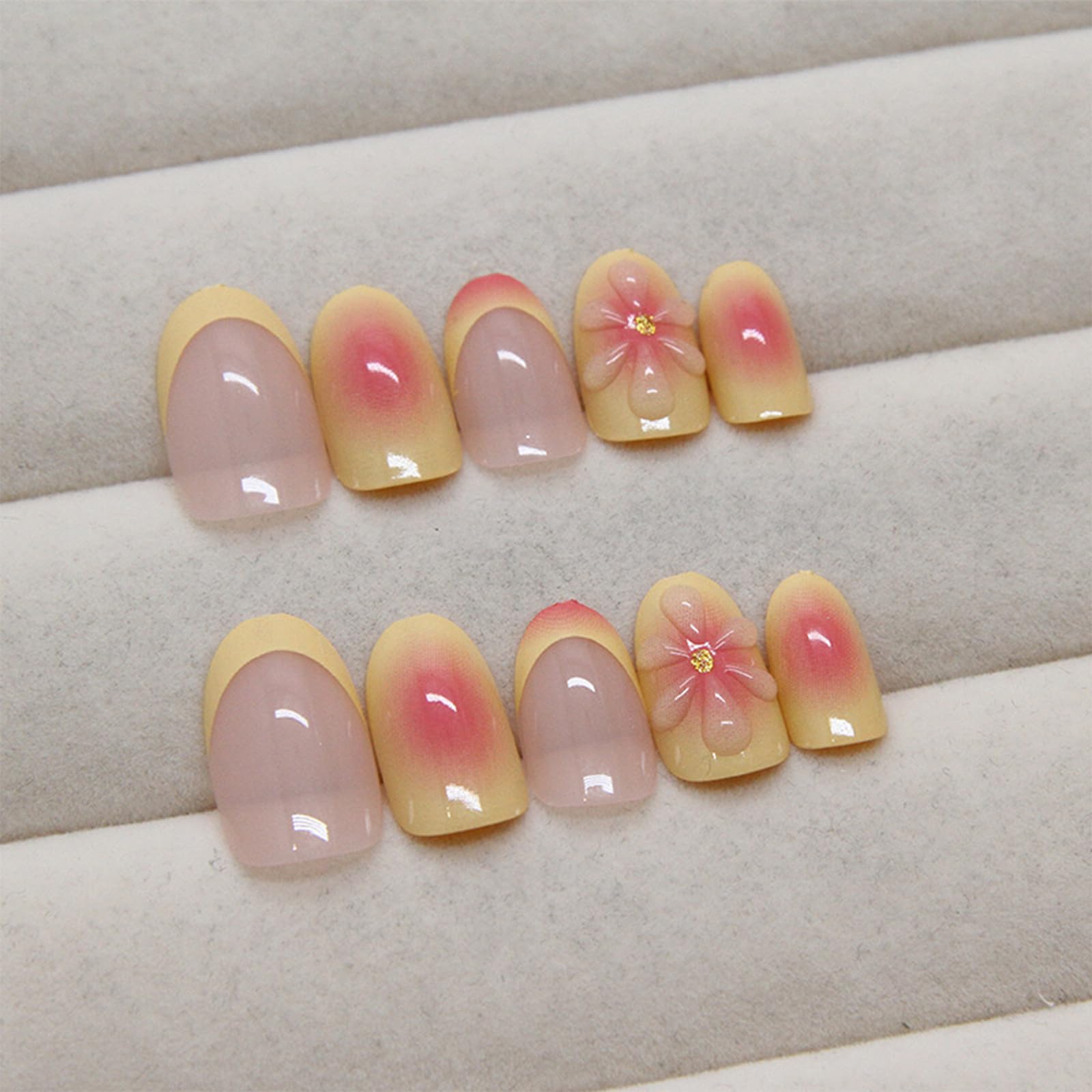 GlamRays Press on Nails Krótkie Migdałowe Francuski Tip Sztuczne paznokcie z wzorem 3D Kwiat Żółty i Różowy Przyklej na paznokcie Błyszczące Naklejane paznokcie Akrylowe 24 szt