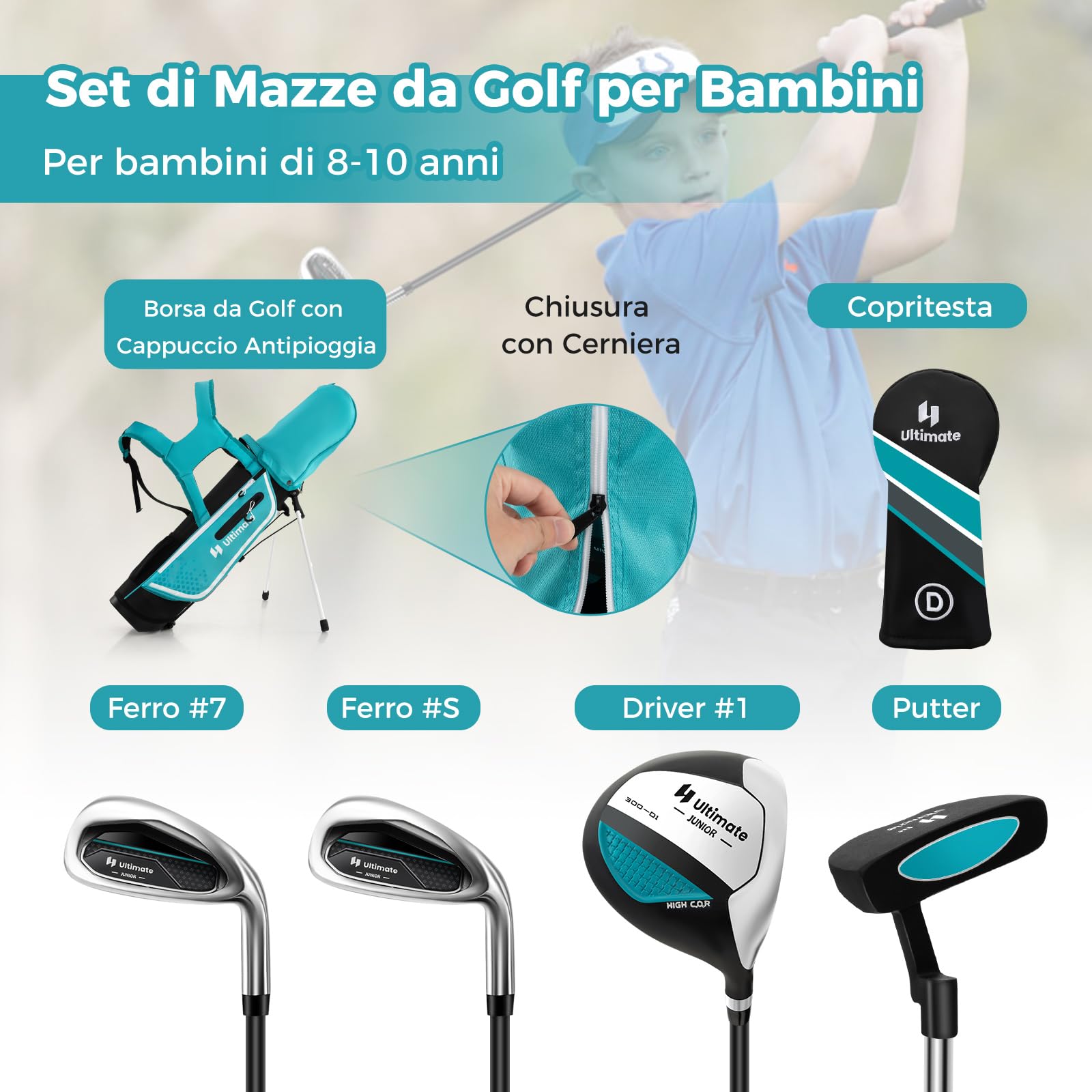 COSTWAY Set di Mazze da Golf per Bambini 8-10 Anni, Set Allenamento Golf con Sacca da Golf, Fodera Impermeabile, Driver 1, Ferro 7, Ferro S e Putter per Bambini e Bambine, Destrorso