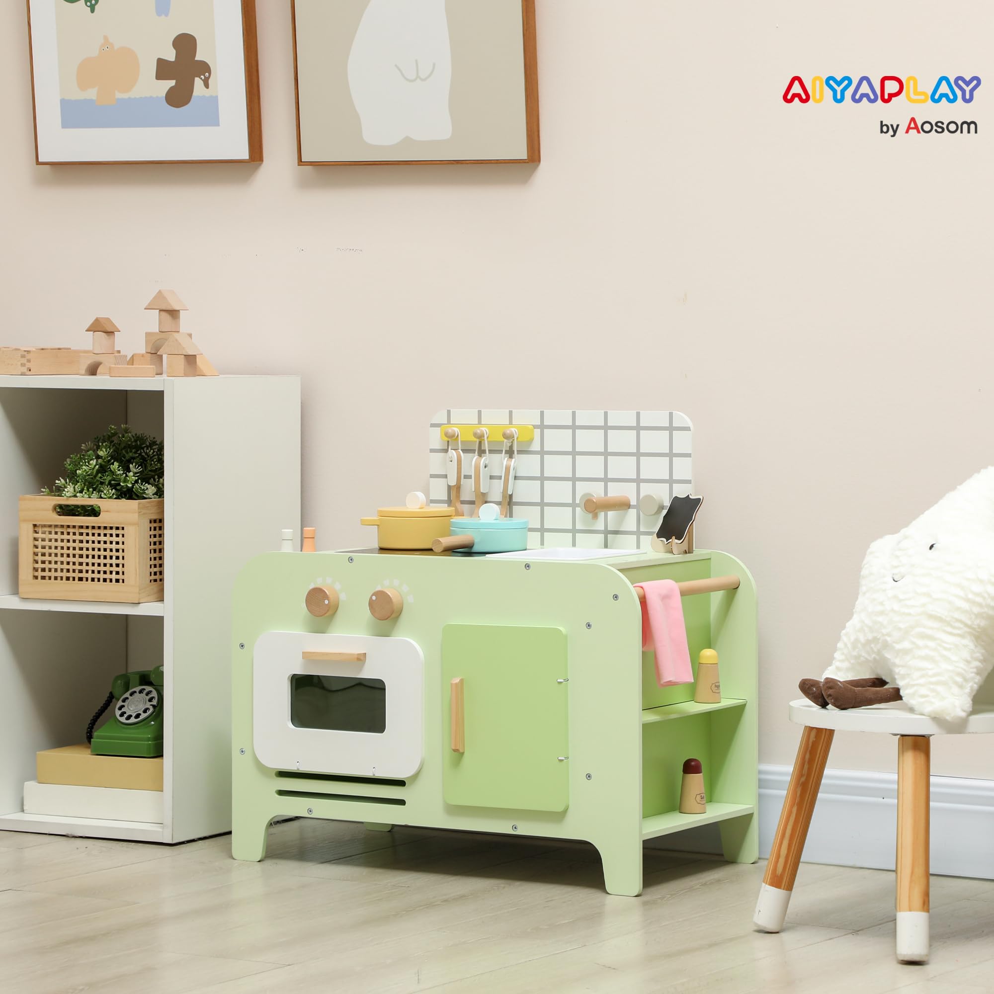 AIYAPLAY Set Cucina Giocattolo in Legno, Cucina per Bambini Età 3+ Anni con 15 Accessori, Microonde, Armadietti e Lavandino, Verde