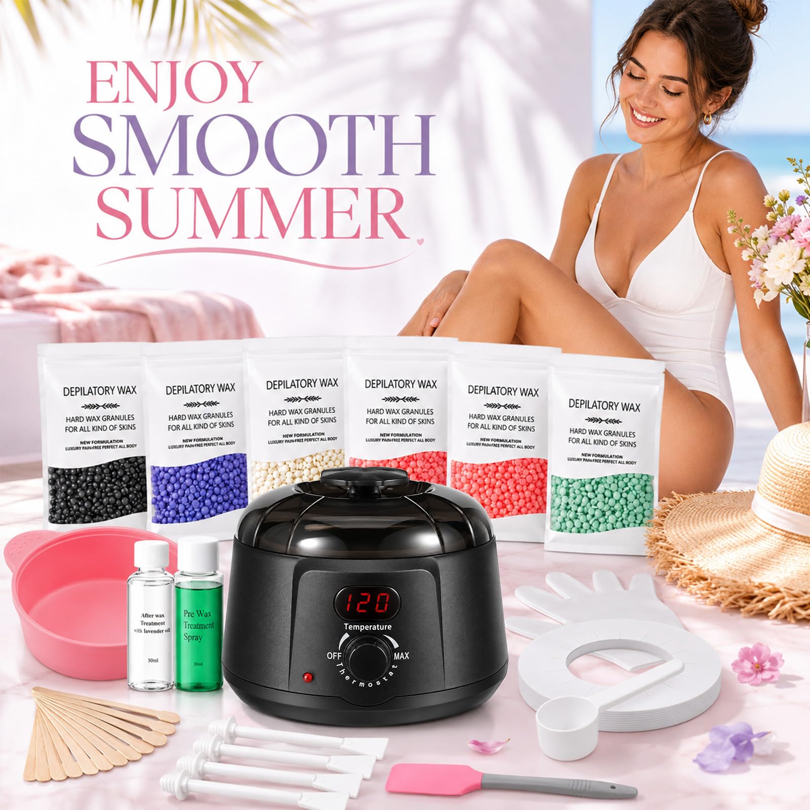 35PCS Calentador de Cera Depilatoria Maquina Cera Caliente Depilacion con Visualización Temperatura en Casa Calentador Cera Depilatoria para Eliminar Vello Zona Intima Piernas Axilas Faciales