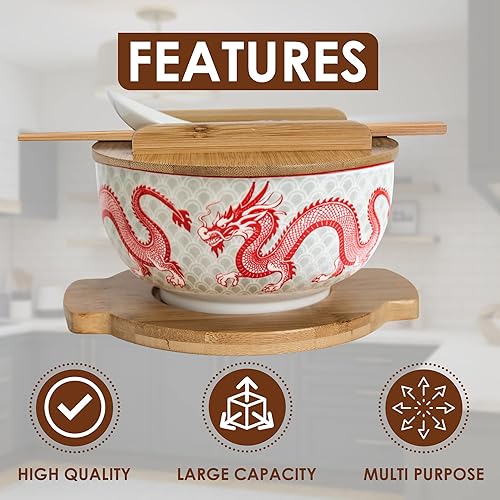Miniatura 2 de XWORLD Juego de cuencos de cerámica japonesa para fideos ramen con cuchara de cerámica, palillos de bambú, tapa y salvamanteles, capacidad de