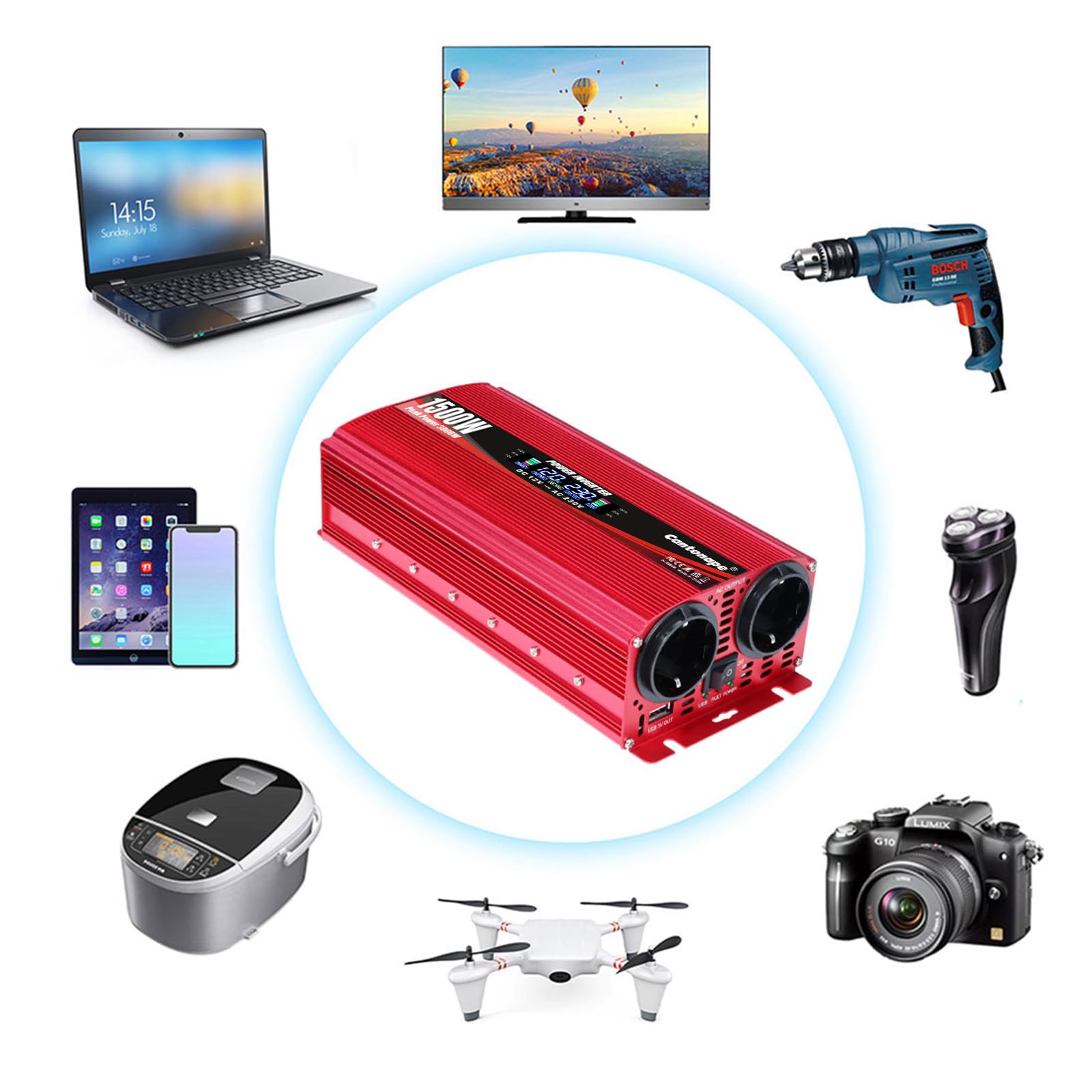 Convertidor de Voltaje 1500W 12V a 220V/230V Onda sinusoidal modificada Inversor de Corriente DC AC Power Inverter Transformador de Voltaje para Coche Camion