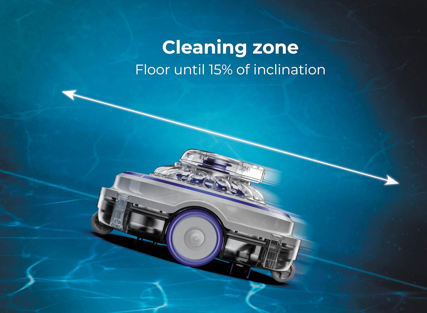 Diagram showing the Gre RBR75 robotic pool cleaner operating on a pool floor with up to 15% inclination