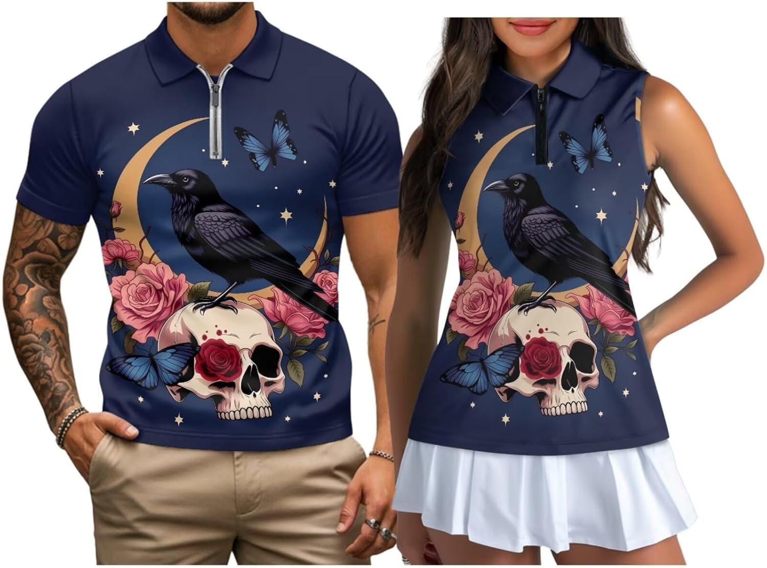 Belidome Halloween Couple Matching Golf Shirts | Stretch 1/4 Zipper Collar Polo for Men Women, Moisture Wicking Quick Dry Golf Outfit for Halloween