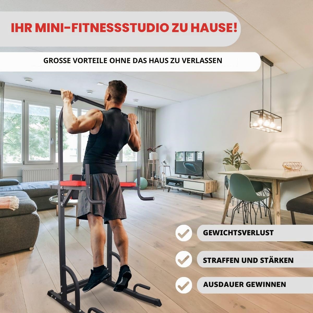 Mobiclinic®, Power Tower Dip Station, In 8 Stufen Höhenverstellbar, Klimmzugstange Freistehend, Rückenverstellbar, Multifunktionsturm, Stabil, Fitnessstudio zu Hause, Multifit