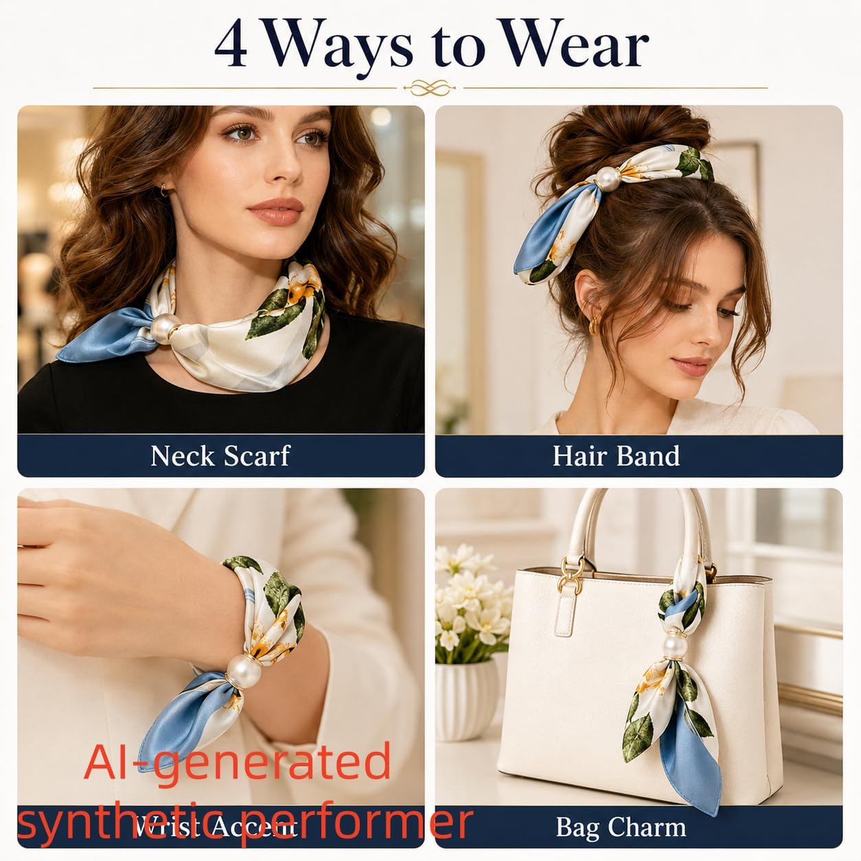 Women’s Silk Pearl magnetic buckle Scarf with Charm Buckle Satin Square Scarf for Neck Retro Floral Print，hair band image 4