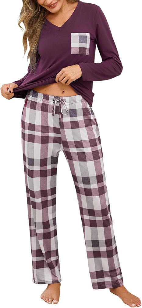 Sopesil Pyjama voor dames sets geruite damespyjama's met lange mouwen zacht 2 stuks nachtkleding gezellige loungewear nachtkleding met zakken S-XXL, Donkerblauw, XL Sopesil Pyjama voor dames sets geruite damespyjama's met lange mouwen zacht 2 stuks nachtkleding gezellige loungewear nachtkleding met zakken S-XXL, Donkerblauw, XL