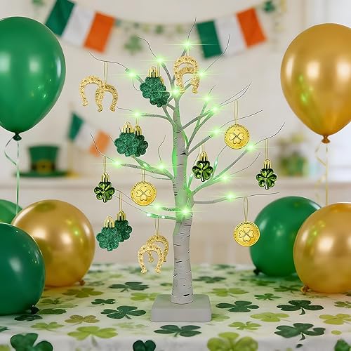 Miniatura 2 de YQUQWN Decoraciones del día de San Patricio, árbol de abedul iluminado con adornos de trébol, monedas de oro, 24 LED para el hogar, mesa, tienda,
