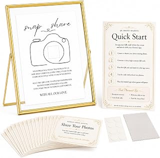 Calculs Snap and Share QR Code Photo Sharing Sign, 8x10 Gold Frame | Double glass metal floating frame, fits 6x8 insert, photo guest book station, reusable tabletop frame for signs and photos