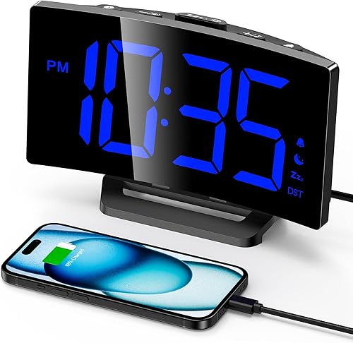 GOLOZA Reloj despertador digital para dormitorios, reloj digital con diseño curvo moderno, números LED azules llamativos, 5 niveles de