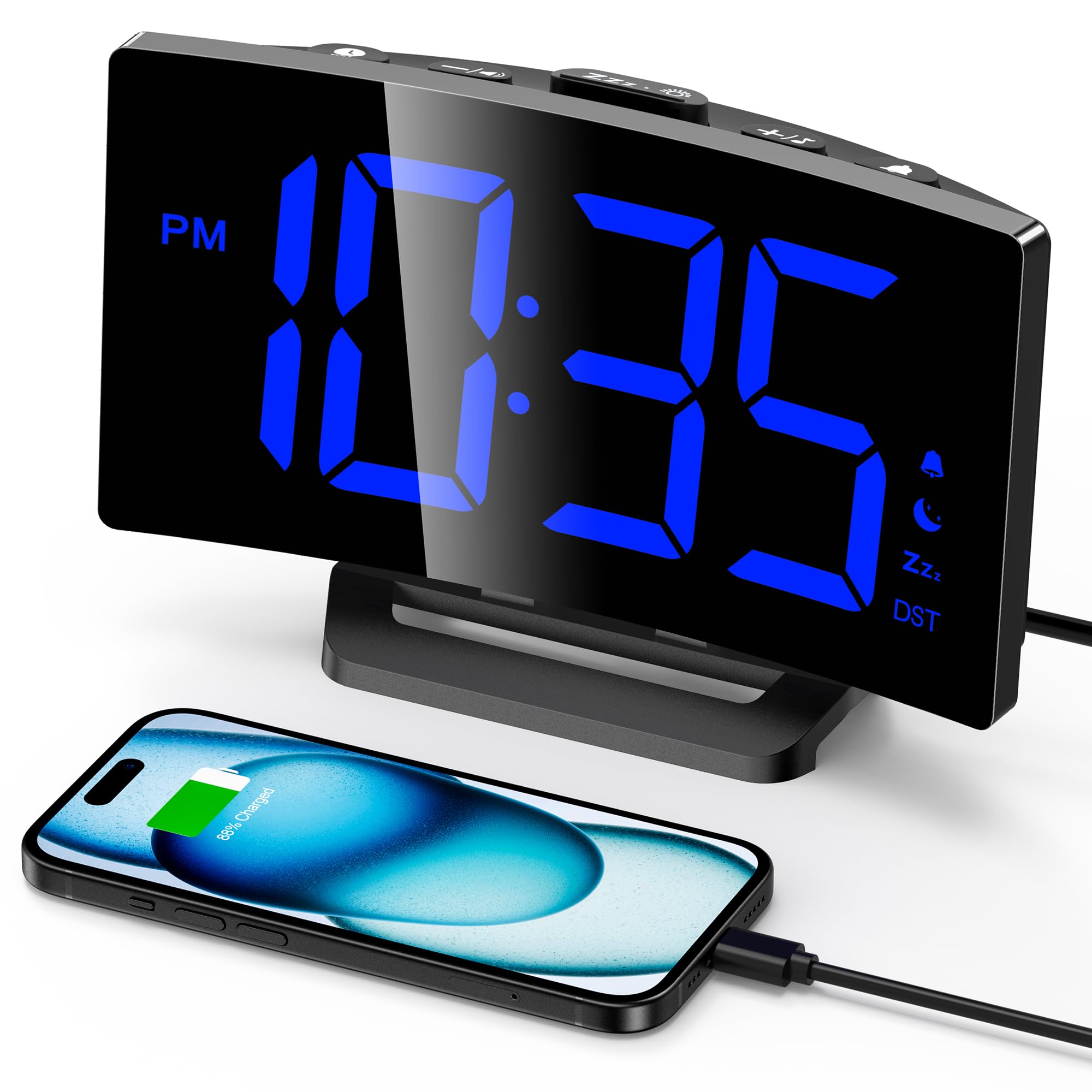 GOLOZA Digital Alarm Clock for Bedrooms with Modern Curved Design, Conspicuous Blue LED Numbers, 6 Levels Brightness, 2 Volume, 3 Alarm Tones, Snooze, Power-Off Memory, 12/24H, Bedside Clock — image 1