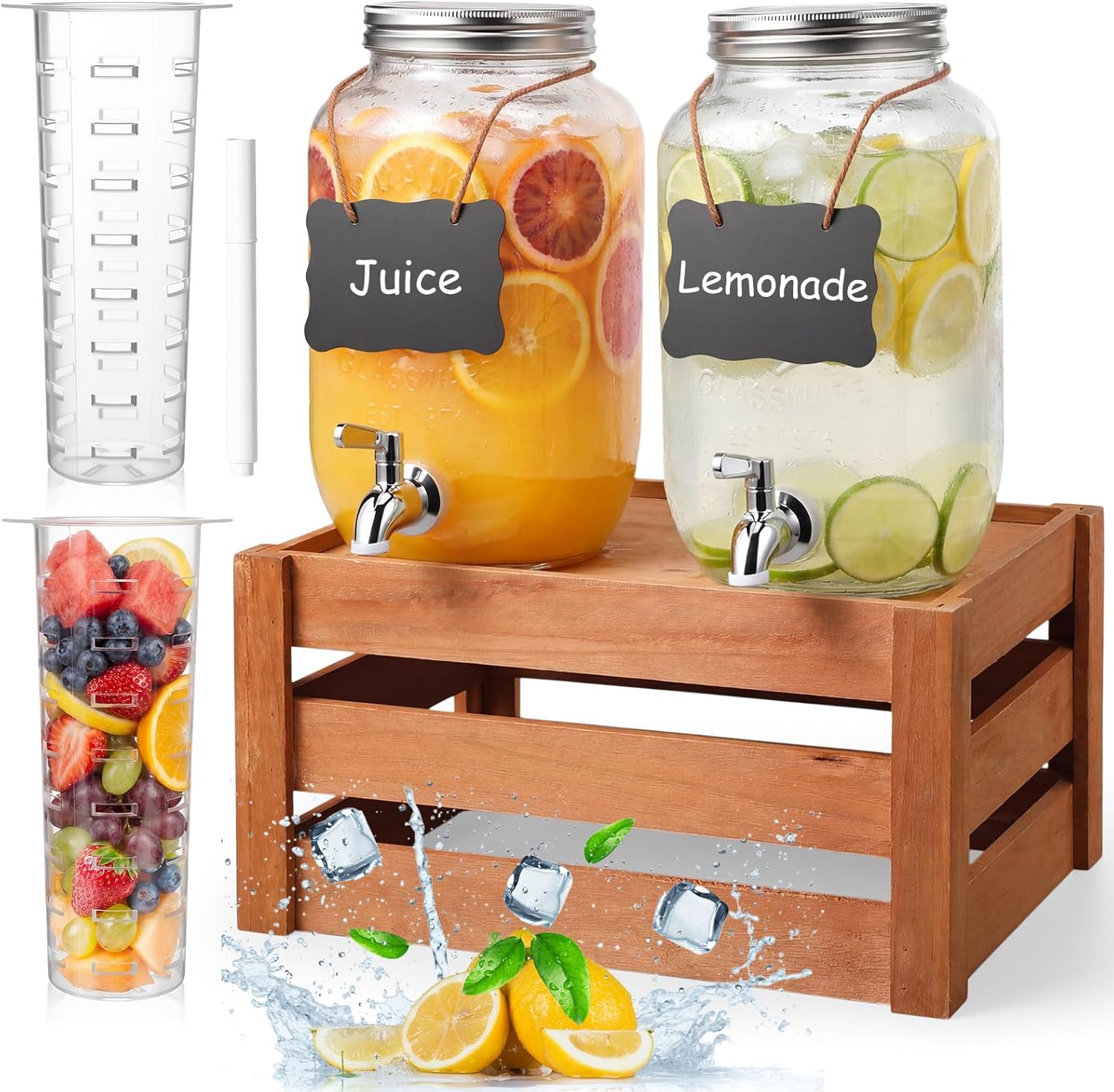 2 Pack 1 Gallon Glass Drink Dispensers for Parties, Beverage Dispenser with Stand Wooden Box, Fruit Infuser, Spigot, Chalkboard Labels and Pen for Party Picnic Wedding Bars BBQ