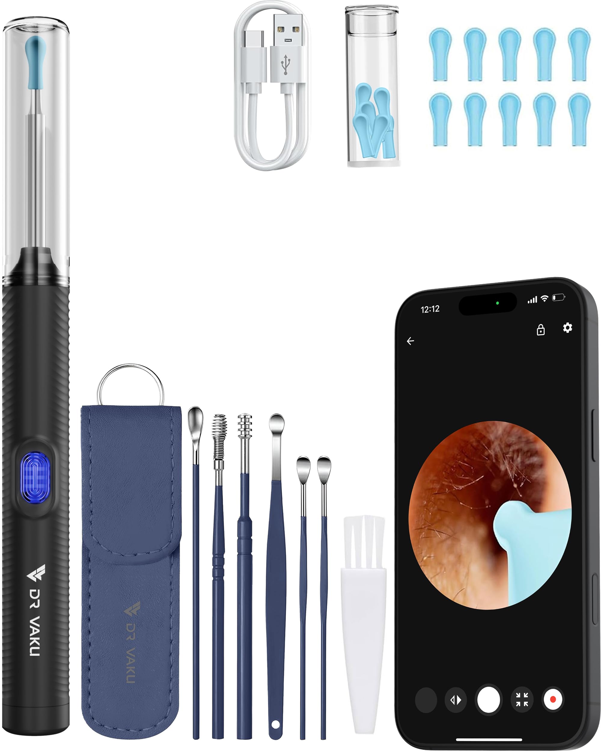 dr vaku® clenzio earocam earwax removal tool with extra cleaning kit (set of 7) hd camera wifi connection & 6 led lights endoscope tool ear cleaner + 11 silicone tips free & storage case-black/blue