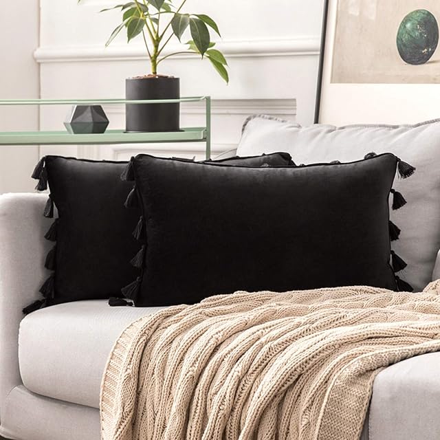 MIULEE Velvet Cushion Covers Home Decoration Tassel Design Pillowcases for Livingroom Sofa Bed Couch Soft Luxury Pure Color with Delicate 2 Pieces 12x20inch 30x50cm Black