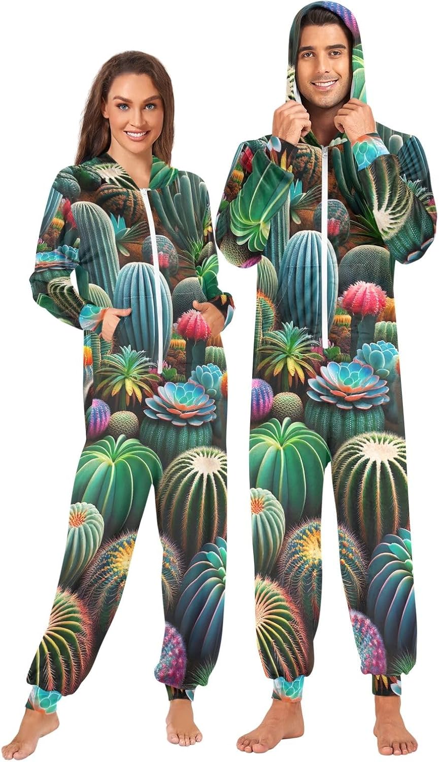 GAIREG Colorful Succulents Cactus Adult Onesie Pajamas, Soft Warm Hooded One Piece Loungewear for Men Women
