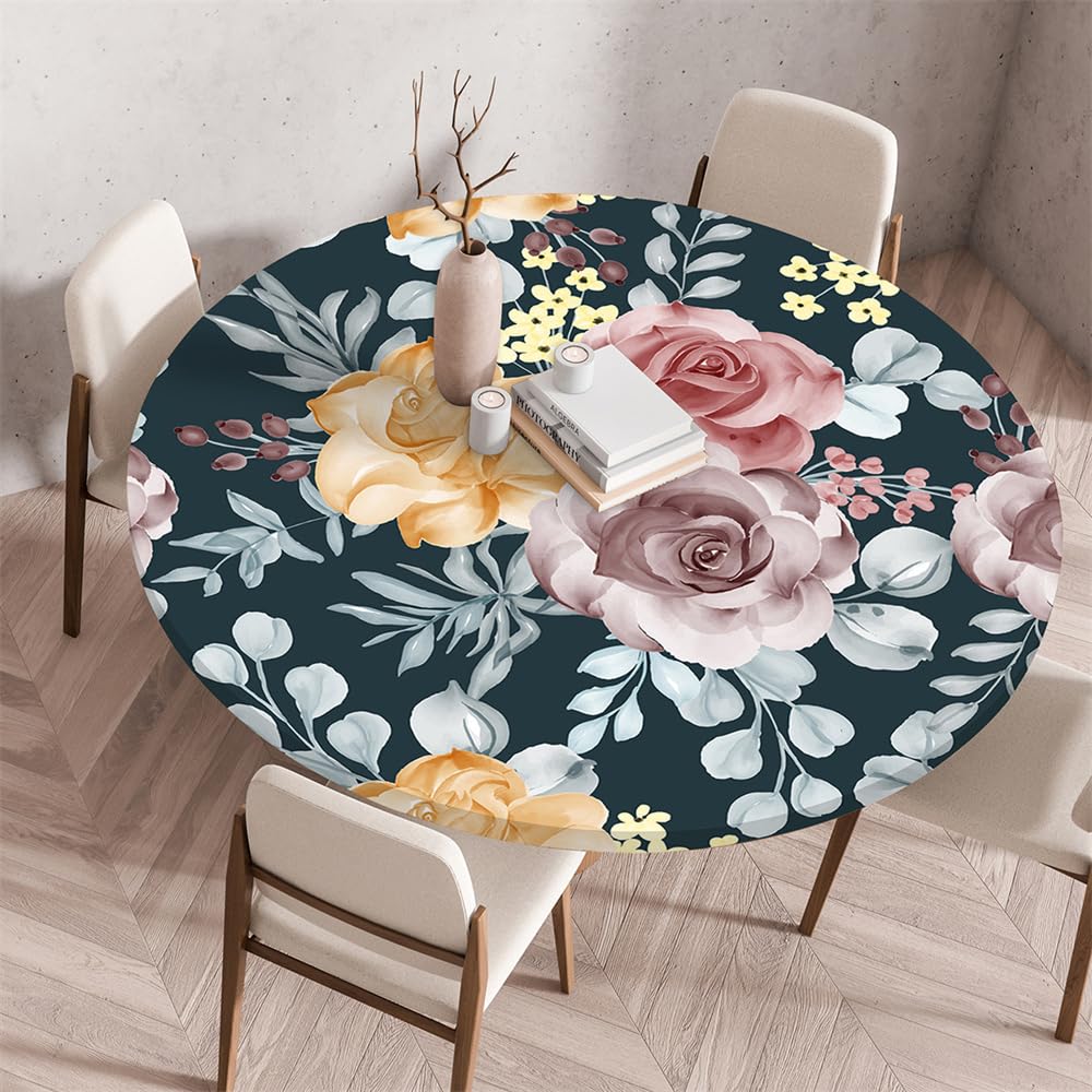 Morbuy Rondes Nappes Avec Bord Élastique, Plastique Nappes Cirée Rondes Anti Taches, Nappe De Table Pour Paysage De Jardin Cafe Cuisine Jardin Fête Table (100cm,Marguerite
