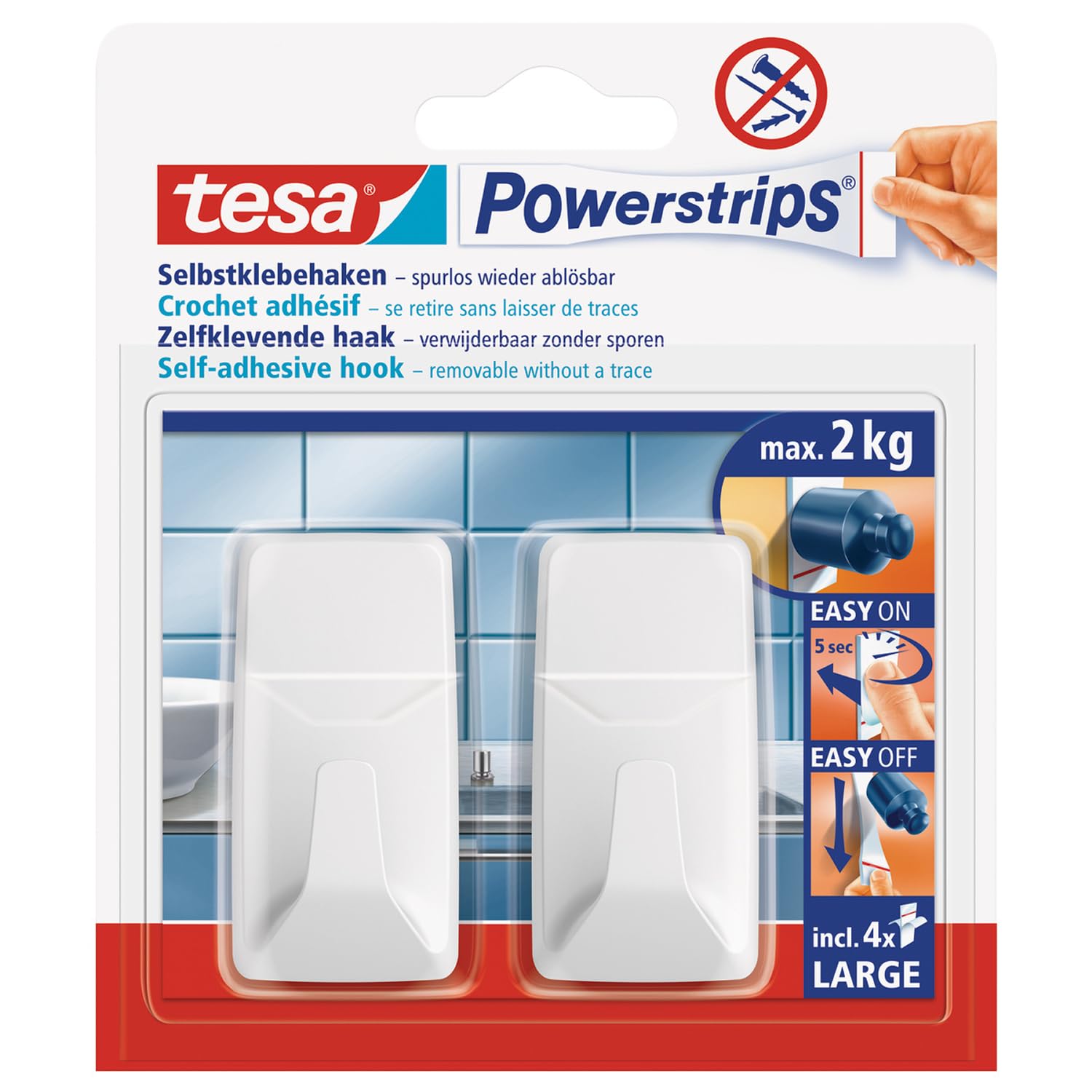 tesa Powerstrips Haken Large ECKIG - Weiß - 2 kg Halteleistung
