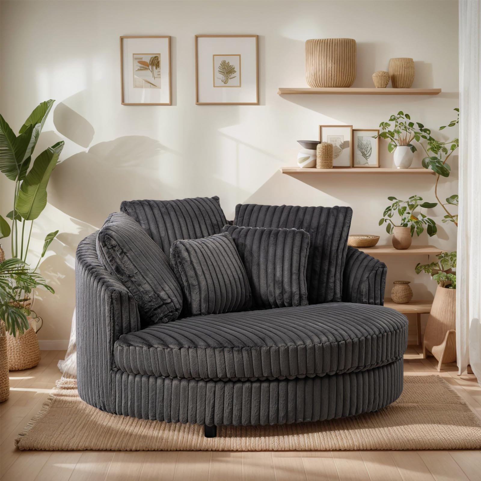 Chifee & Vingol 59.8" W Oversized Accent Round Chair Large Barrel Chair with Wheels & 5 Pillows, Faux Fur Fabric - Charcoal