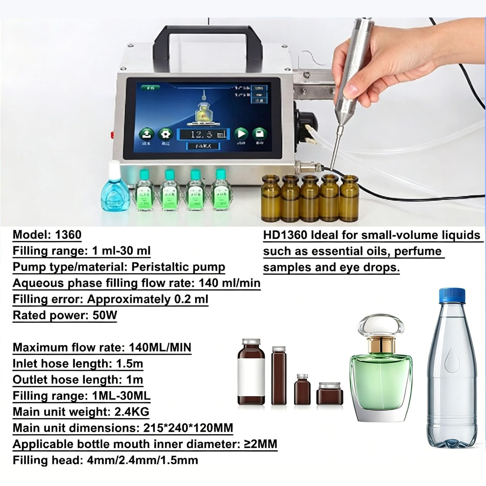 Maszyna do napełniania płynem do małych butelek, automatyczny wypełniacz płynów ze sterowaniem LCD i dyszą igłową, wypełnienie ilościowe 1-100 ml, do olejków eterycznych, perfum, kropli do oczu HD