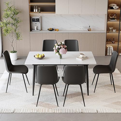 Miniatura 15 de FURNITO Juego de Mesa de Comedor de 7 Piezas, Mesa de Comedor Extensible de 59"-75" con 6 Sillas Tapizadas, Juego Blanco de Mesa y Sillas de Cocina