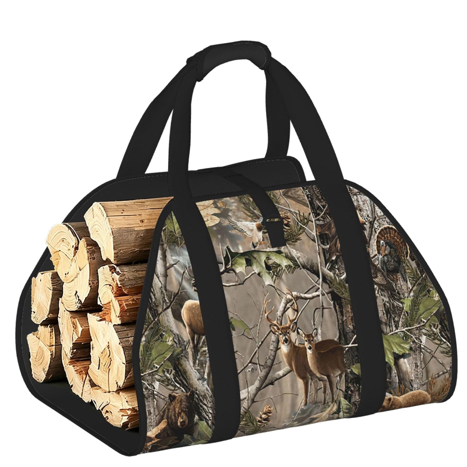 Wildlife Hunting Deer Bear Elk Printed Firewood Carrier Bag, Log Tote with Open-Ended Design for Camping Outdoor Wood Hauling