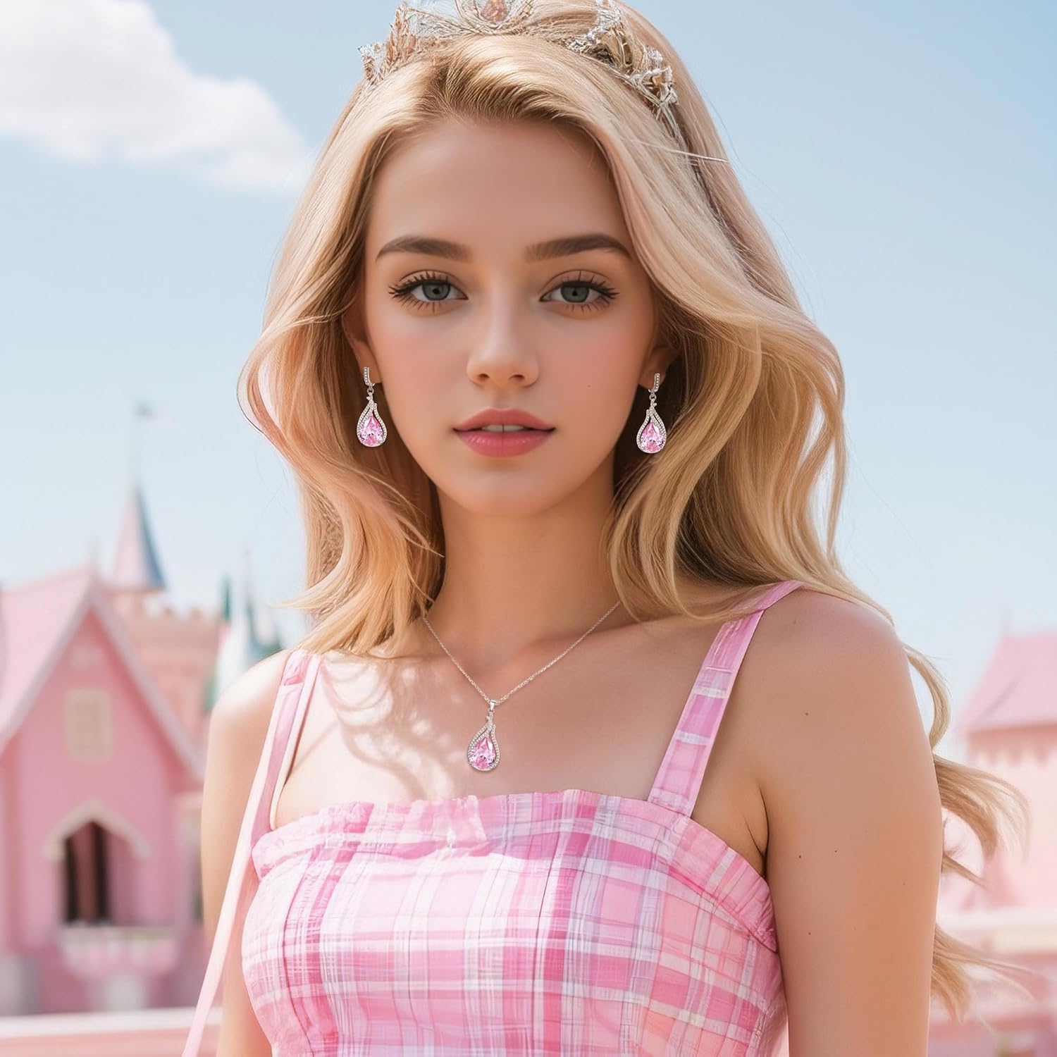 BriLove Jewelry Set for Bride, Sparkling Water Drop Cubic Zirconia Crystal Pendant Necklace Leverback Earrings Tennis Bracelet Adjustable Ring Gift for Wedding/Birthday/Mother's Day/Christmas - Image 4